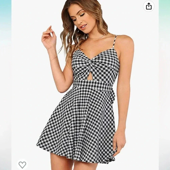 Gingham black and white skater skirt mini dress with keyhole detail and tie back - Picture 1 of 8